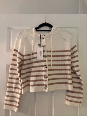 Sara Campbell Cream and Tan Striped Button Hoodie Cardigan